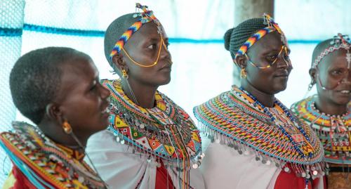 Samburu women gather for a health clinic at Mugie